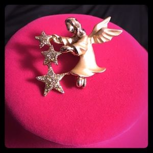 Gold Tone Angel Brooch Pin | Celestial Guardian with Crystal Stars